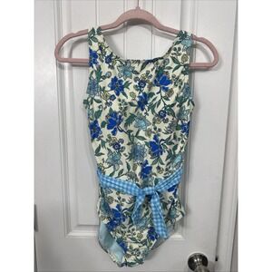 Lands' End Women's One Piece Swim Floral Gingham Tie Belt Size 8 Medium